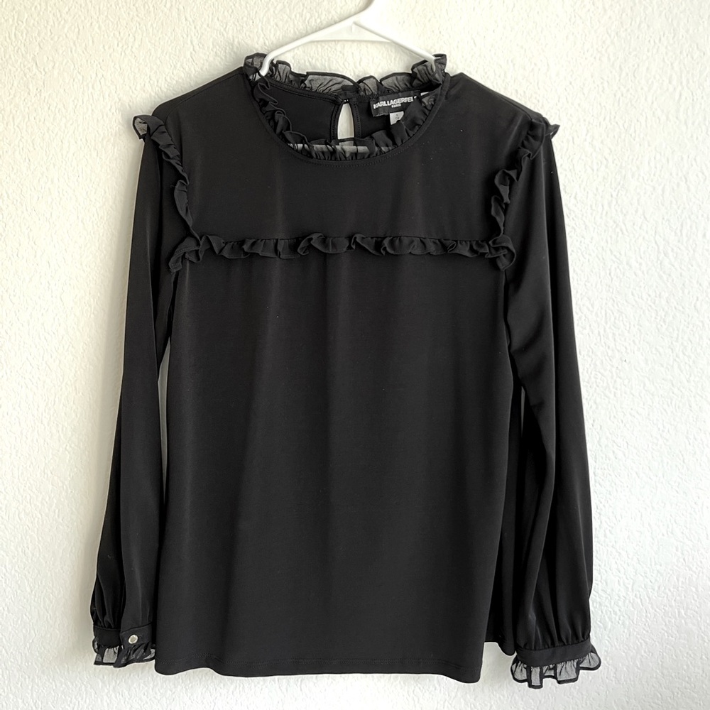 KARL LAGERFELD Black Ruffle Trimmed Long Sleeve
